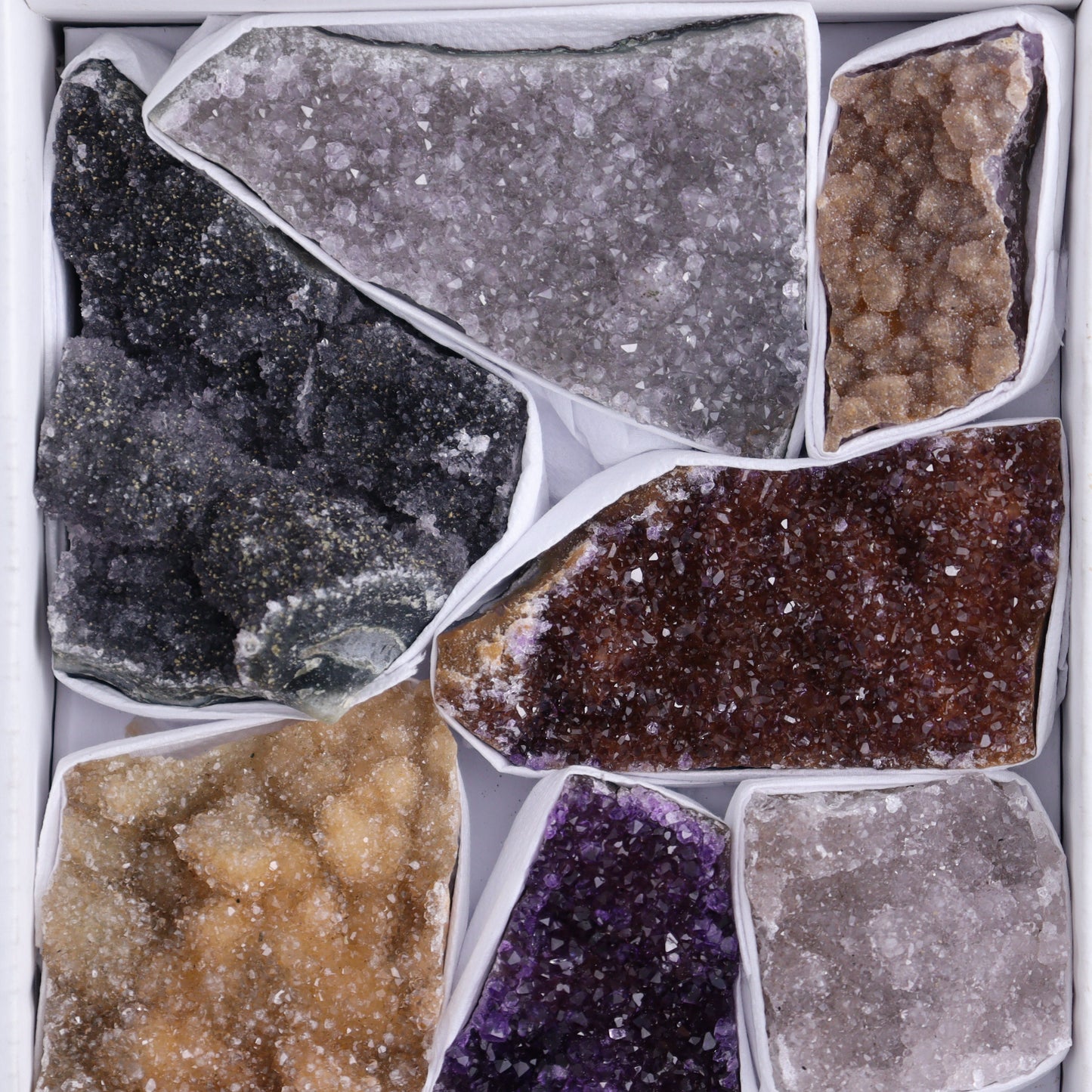 Uruguay Rainbow Amethyst Clusters Flat of 11 - Expert Wholesale and Supplier of Wholesale Crystals & Bulk Gemstones, ["Amethyst","Clusters","Rainbow Amethyst","Sugar Rainbow Amethyst","Uruguay"]