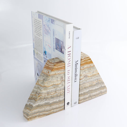 One Pair of Mexican Onyx/Calcite Grey & Tan Polished Bookend