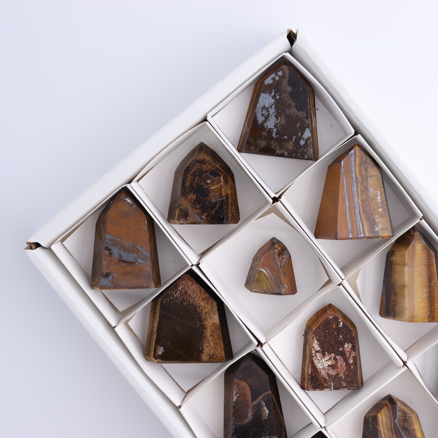 Tiger Eye Towers Set of 12 - Expert Wholesale and Supplier of Wholesale Crystals & Bulk Gemstones, ["Brazil","close_50","Tiger Eye","Towers"]
