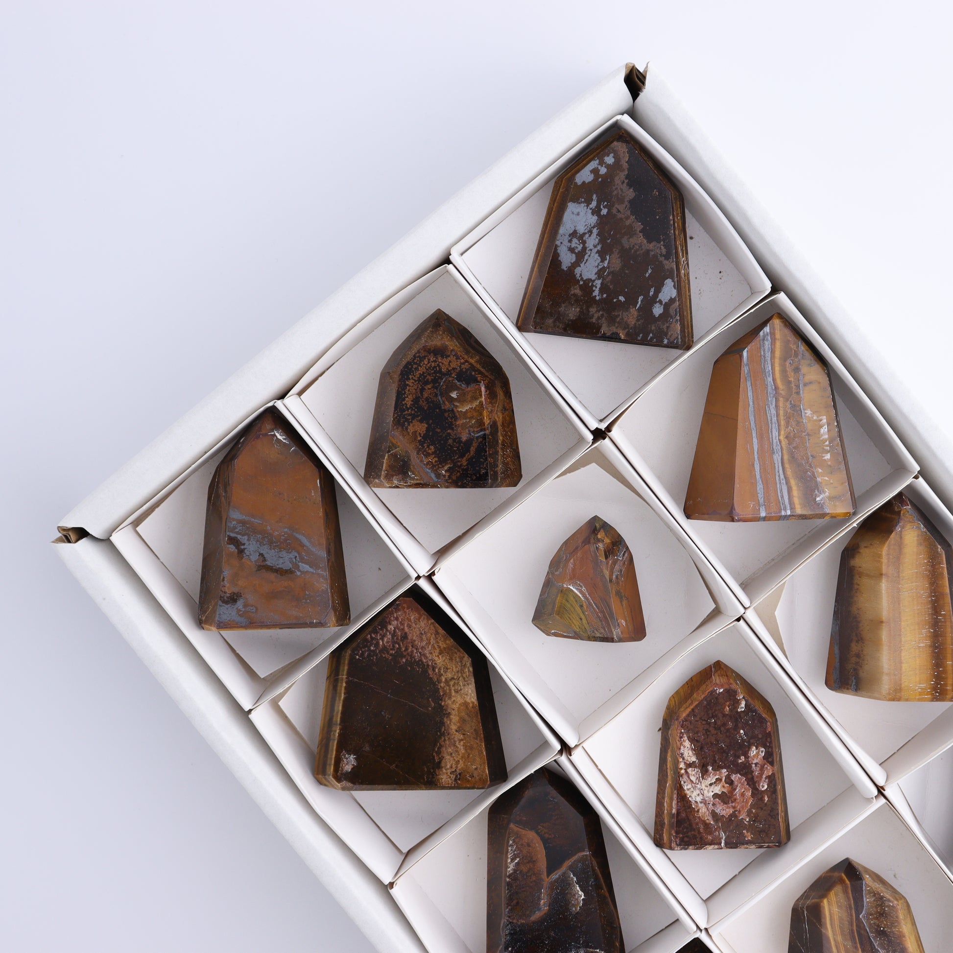 Tiger Eye Towers Set of 12 - Expert Wholesale and Supplier of Wholesale Crystals & Bulk Gemstones, ["Brazil","close_50","Tiger Eye","Towers"]