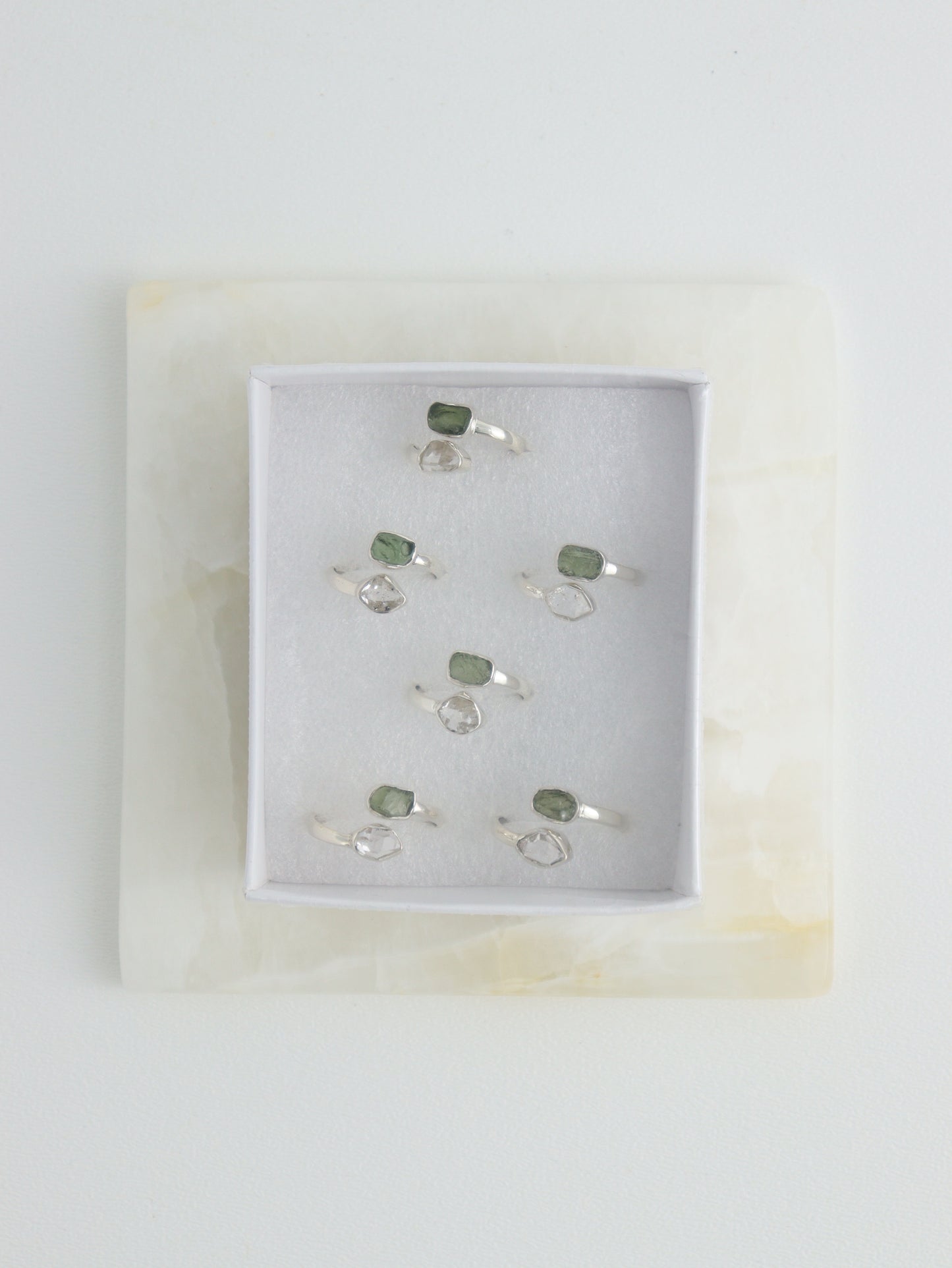 Sterling Silver Adjustable Moldavite and Herkimer Rings Set of 6 - Expert Wholesale and Supplier of Wholesale Crystals & Bulk Gemstones, ["moldavite","rings"]