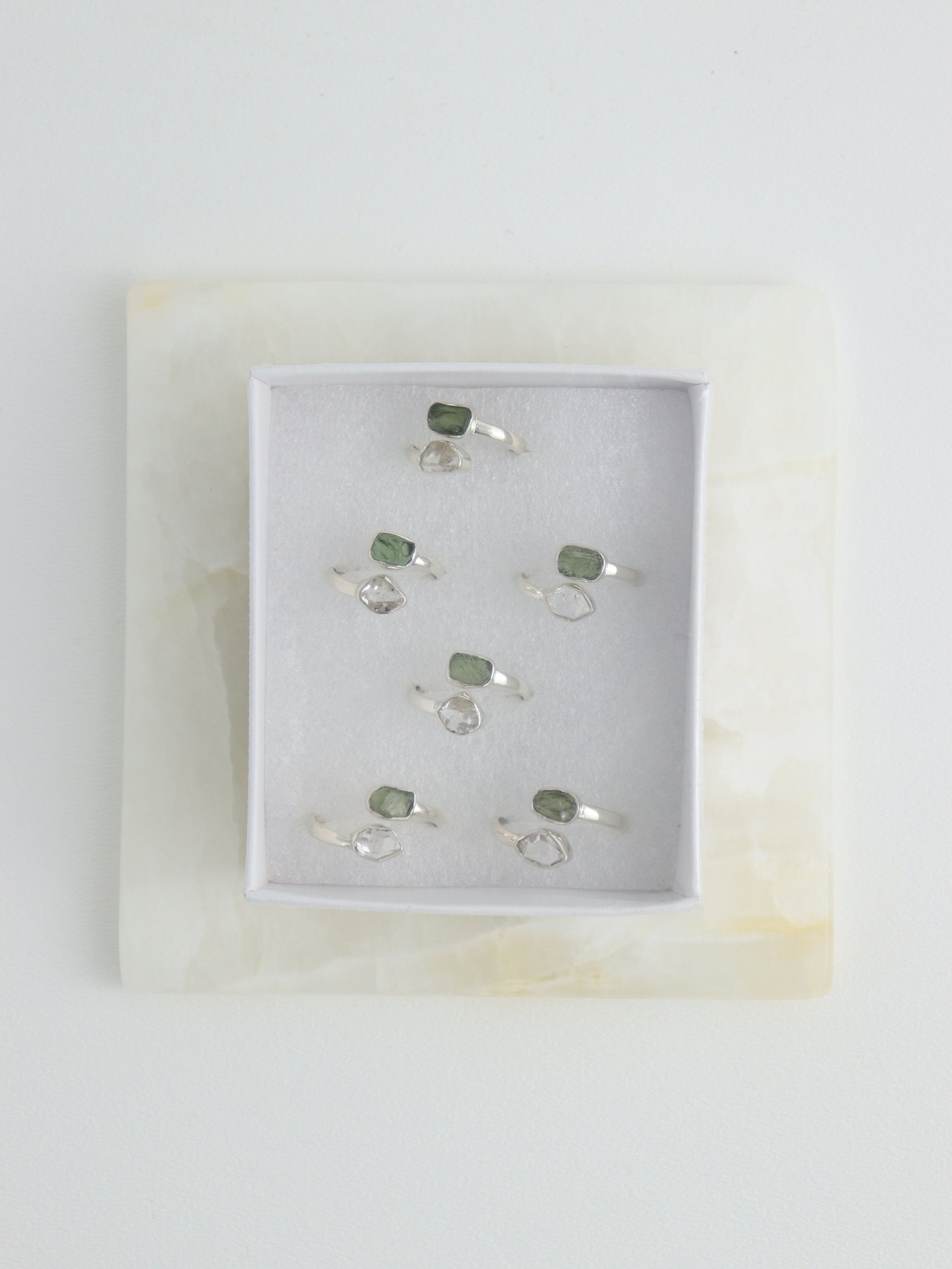 Sterling Silver Adjustable Moldavite and Herkimer Rings Set of 6 - Expert Wholesale and Supplier of Wholesale Crystals & Bulk Gemstones, ["moldavite","rings"]