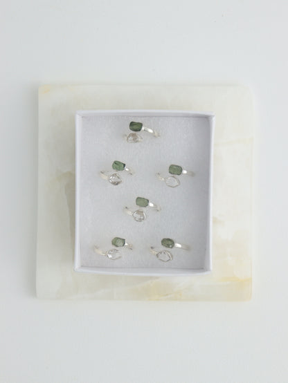 Sterling Silver Adjustable Moldavite and Herkimer Rings Set of 6 - Expert Wholesale and Supplier of Wholesale Crystals & Bulk Gemstones, ["moldavite","rings"]