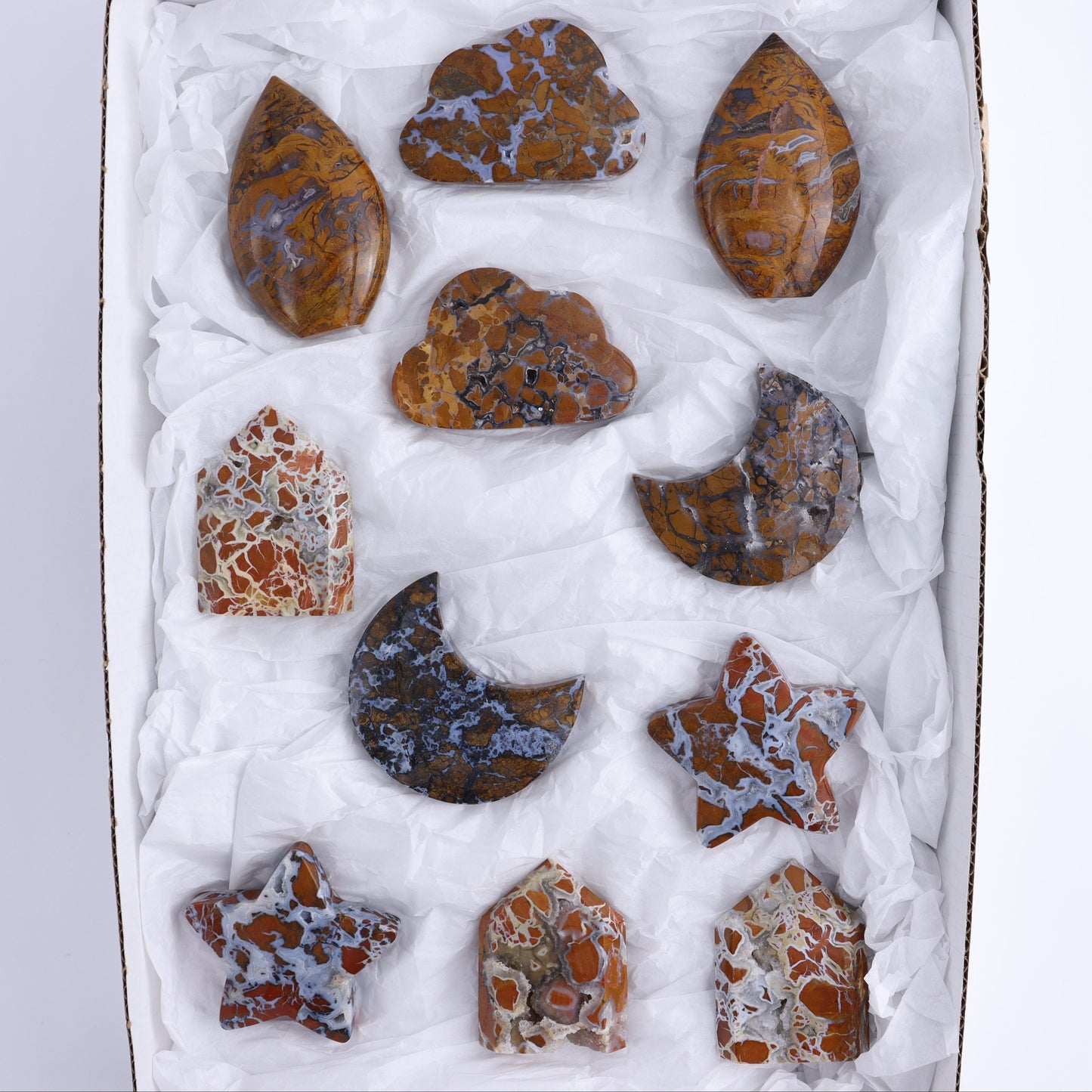 Brecciated Jasper Moons, Stars, Towers, Clouds, and Flames Set of 11