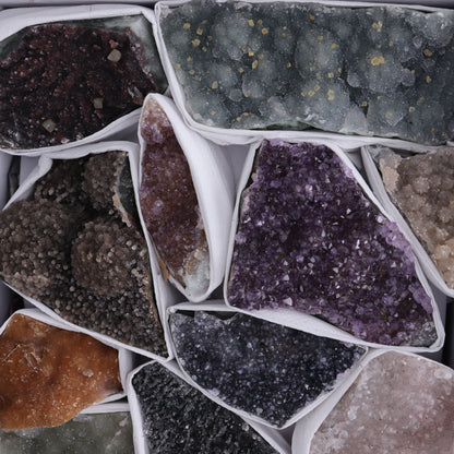 Uruguay Rainbow Amethyst Clusters Flat of 13 - Expert Wholesale and Supplier of Wholesale Crystals & Bulk Gemstones, ["Amethyst","Clusters","Rainbow Amethyst","Sugar Rainbow Amethyst","Uruguay"]