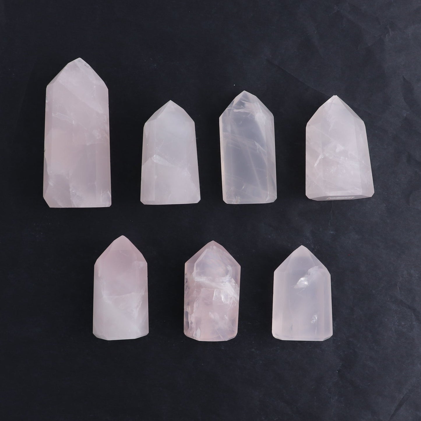 Imperfect Rose Quartz Towers Set of 7 - Expert Wholesale and Supplier of Wholesale Crystals & Bulk Gemstones, ["Brazil","Points","Quartz","Rose Quartz","Towers"]