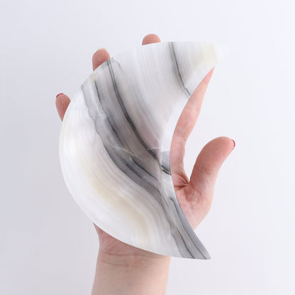 One Mexican Onyx/Calcite White & Grey Moon Dish