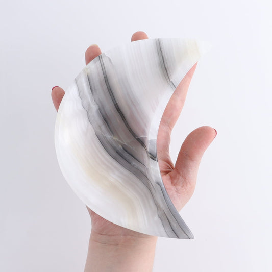 One Mexican Onyx/Calcite White & Grey Moon Dish | Mi Esperanza Minerals | Supplier of Crystals and Onyx