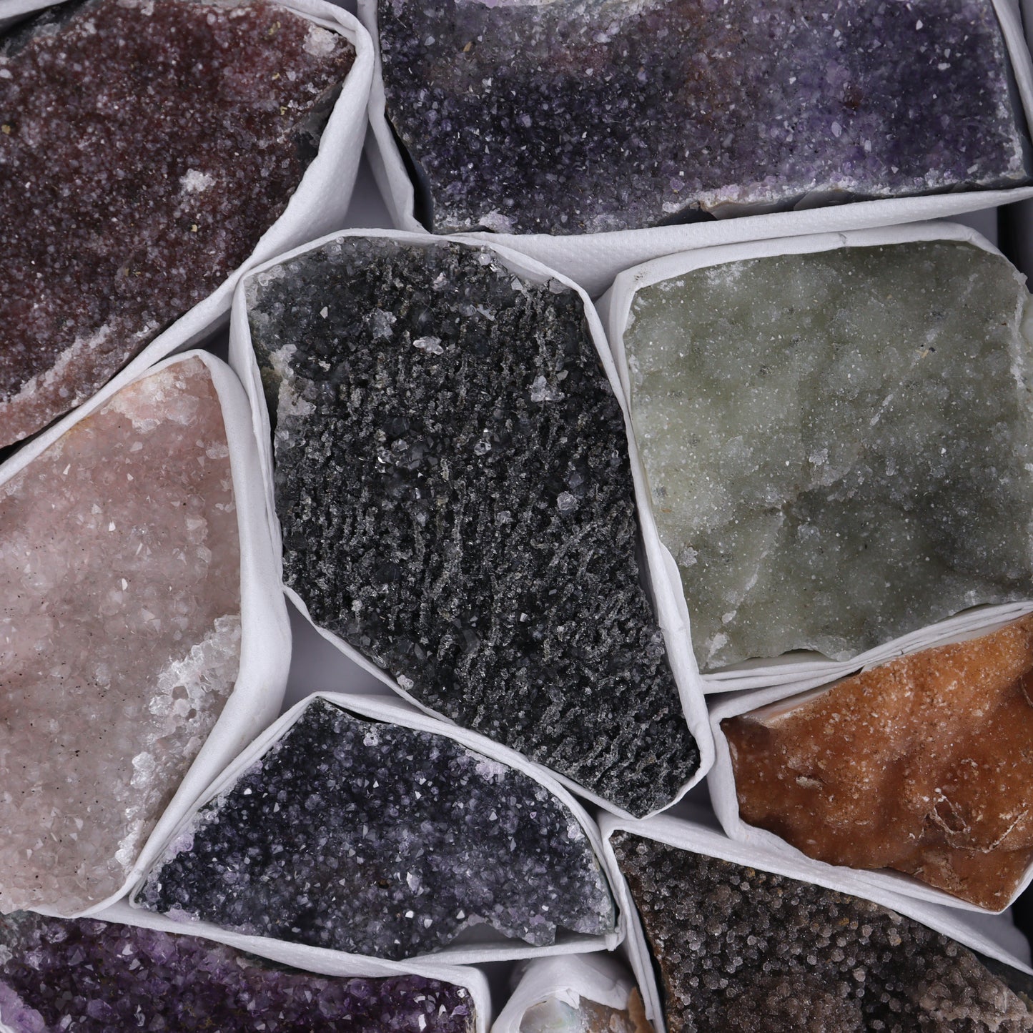 Uruguay Rainbow Amethyst Clusters Flat of 13 - Expert Wholesale and Supplier of Wholesale Crystals & Bulk Gemstones, ["Amethyst","Clusters","Rainbow Amethyst","Sugar Rainbow Amethyst","Uruguay"]