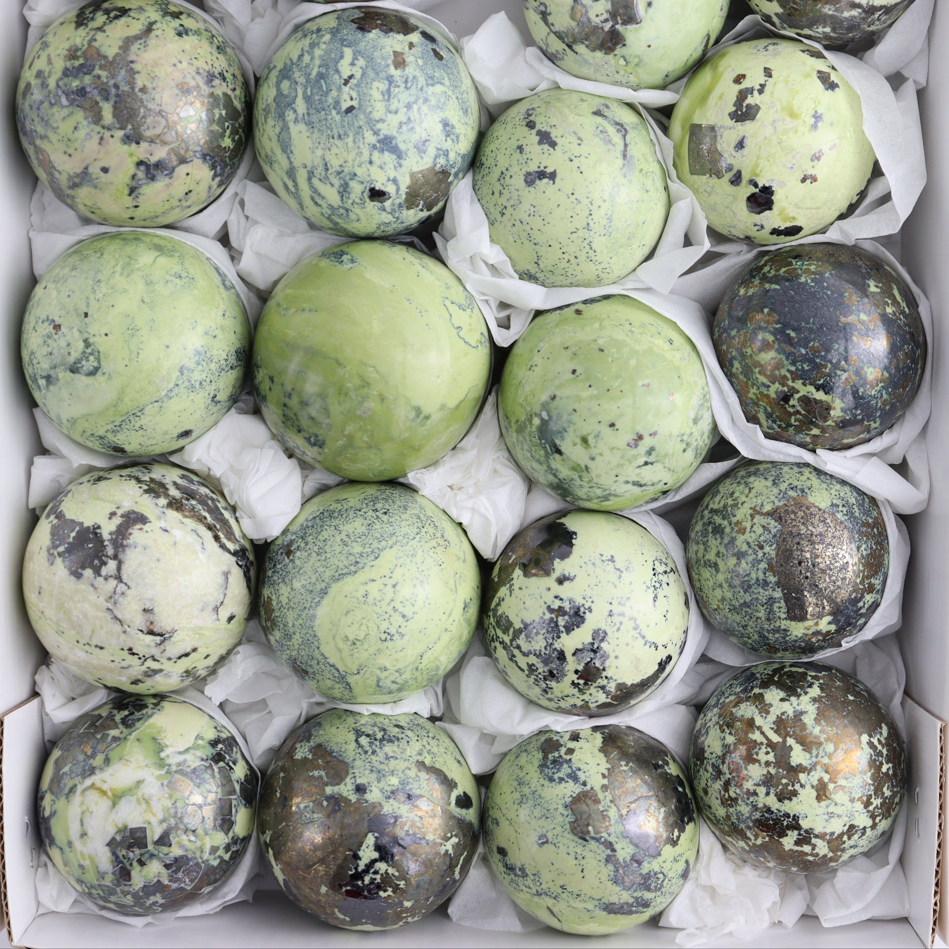 Serpentine with Pyrite Spheres Set of 25 - Expert Wholesale and Supplier of Wholesale Crystals & Bulk Gemstones, ["Peru","serpentine","Spheres"]