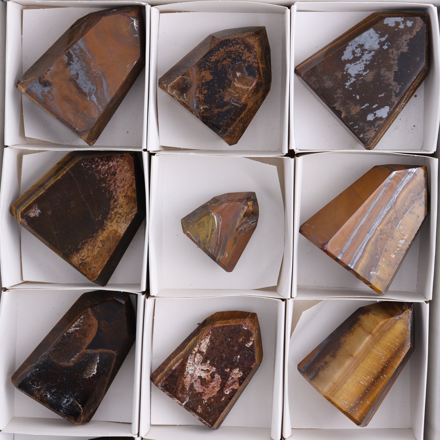Tiger Eye Towers Set of 12 - Expert Wholesale and Supplier of Wholesale Crystals & Bulk Gemstones, ["Brazil","close_50","Tiger Eye","Towers"]