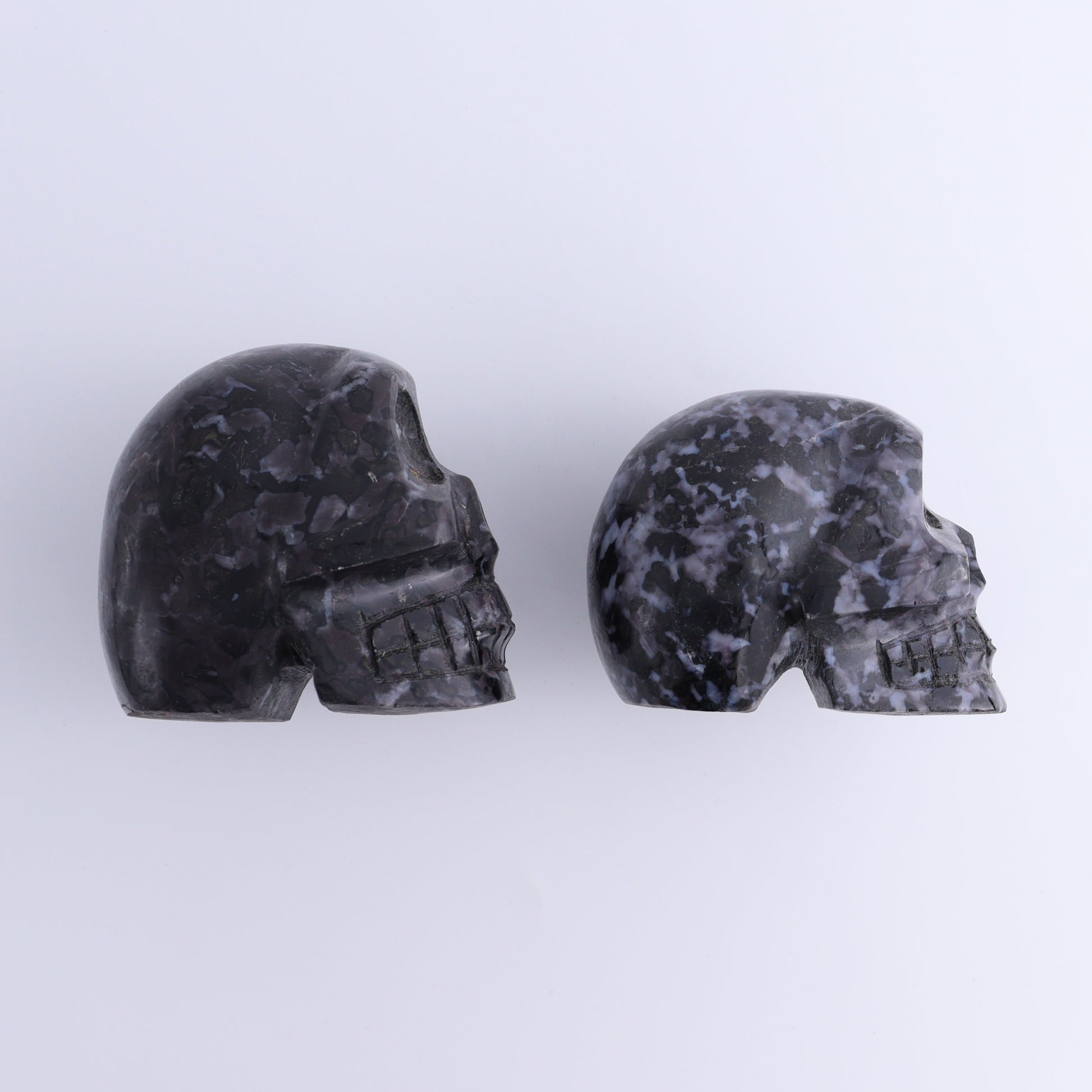 Indigo Gabbro Skulls Set of 2 - Expert Wholesale and Supplier of Wholesale Crystals & Bulk Gemstones, ["Indigo Gabbro","Madagascar","Skulls"]