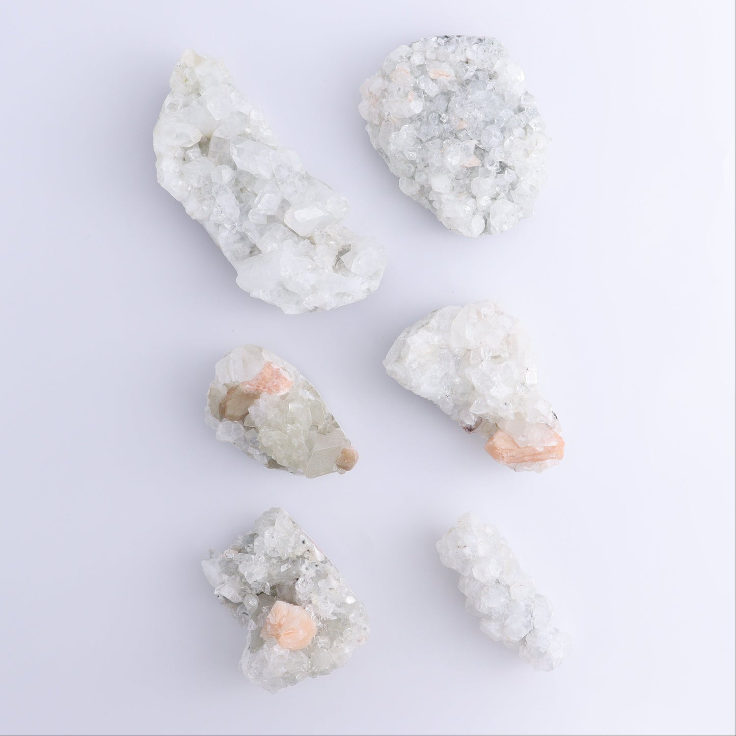 Apophyllite Clusters Set of 6 - Expert Wholesale and Supplier of Wholesale Crystals & Bulk Gemstones, ["Apophyllite","Clusters","Flats"]