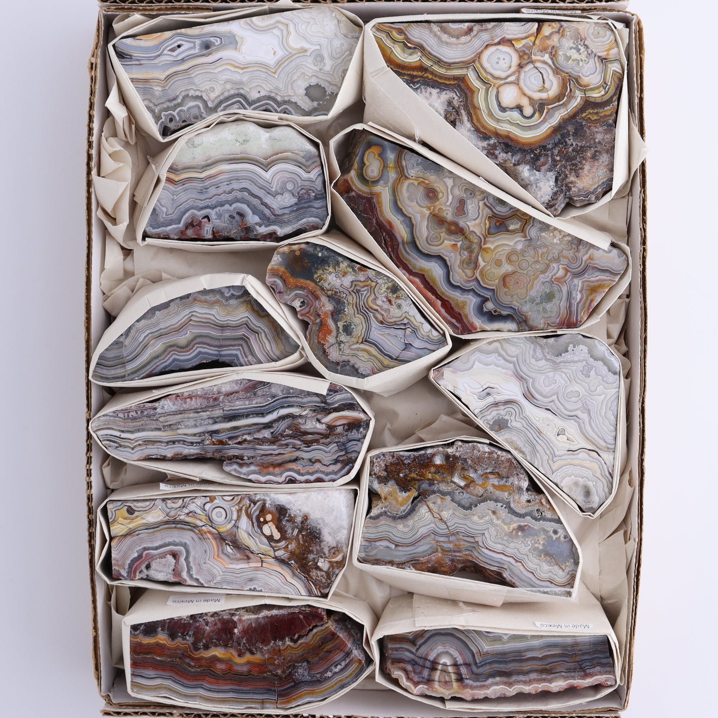 Crazy Lace Agate Flat of 12 - Expert Wholesale and Supplier of Wholesale Crystals & Bulk Gemstones, ["Crazy Lace Agate","Mexico"]