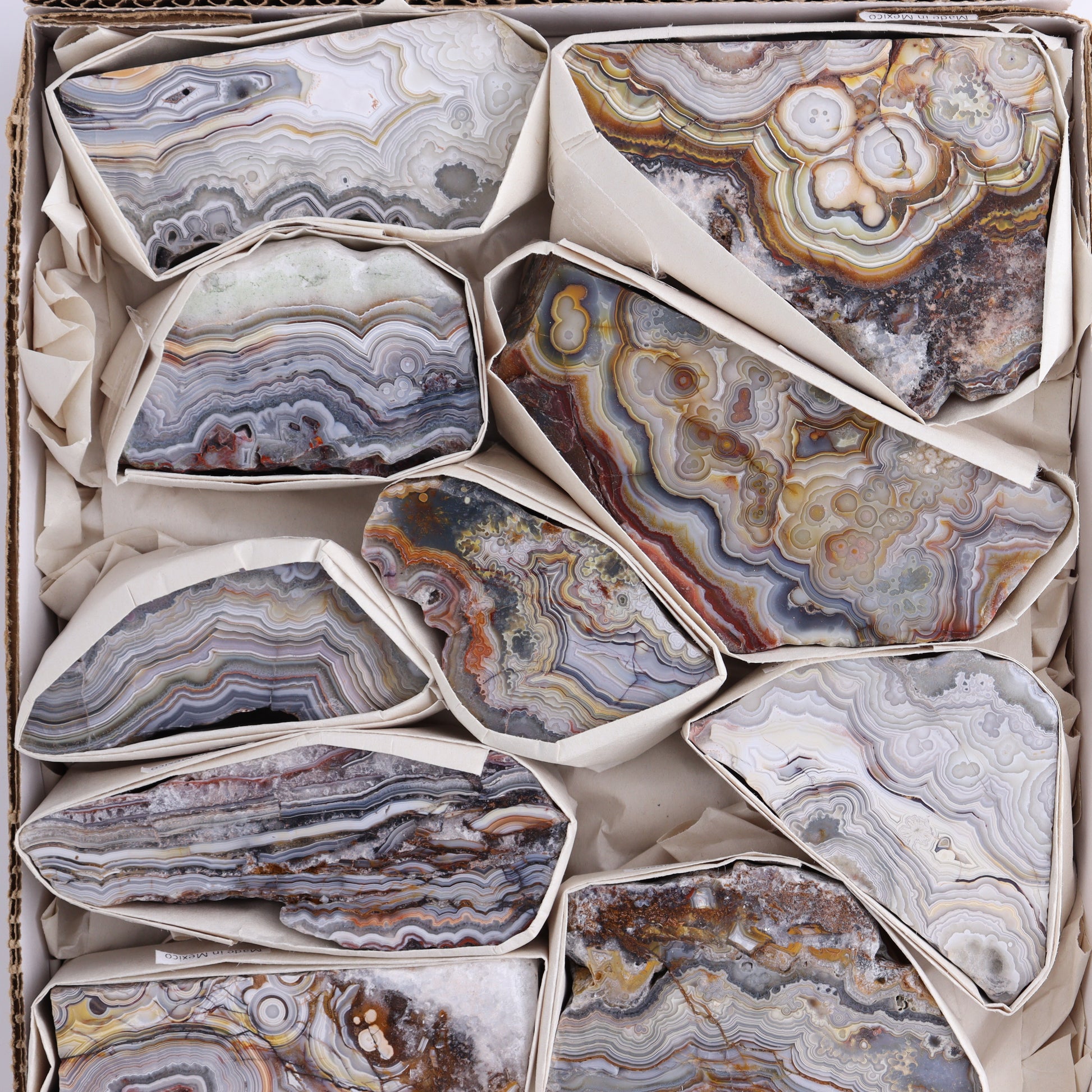 Crazy Lace Agate Flat of 12 - Expert Wholesale and Supplier of Wholesale Crystals & Bulk Gemstones, ["Crazy Lace Agate","Mexico"]
