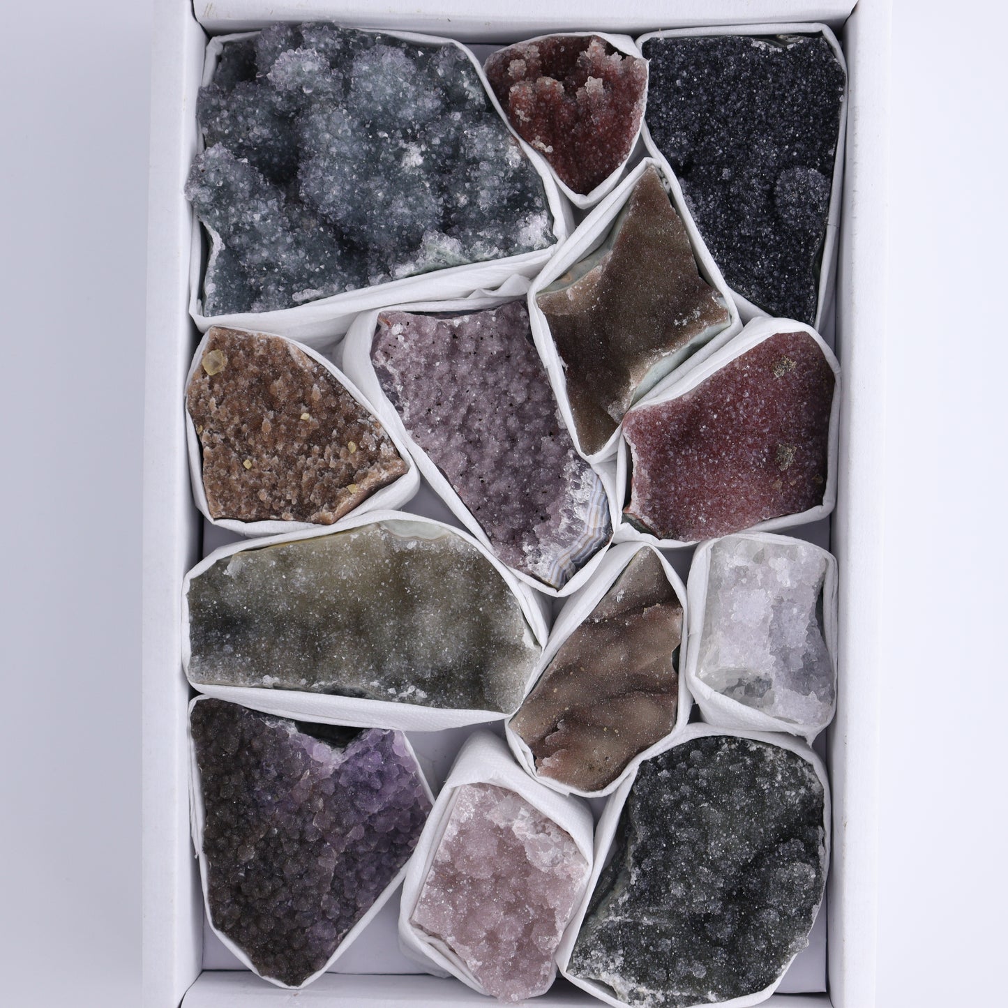 Uruguay Rainbow Amethyst Clusters Flat of 13 - Expert Wholesale and Supplier of Wholesale Crystals & Bulk Gemstones, ["Amethyst","Clusters","Rainbow Amethyst","Sugar Rainbow Amethyst","Uruguay"]