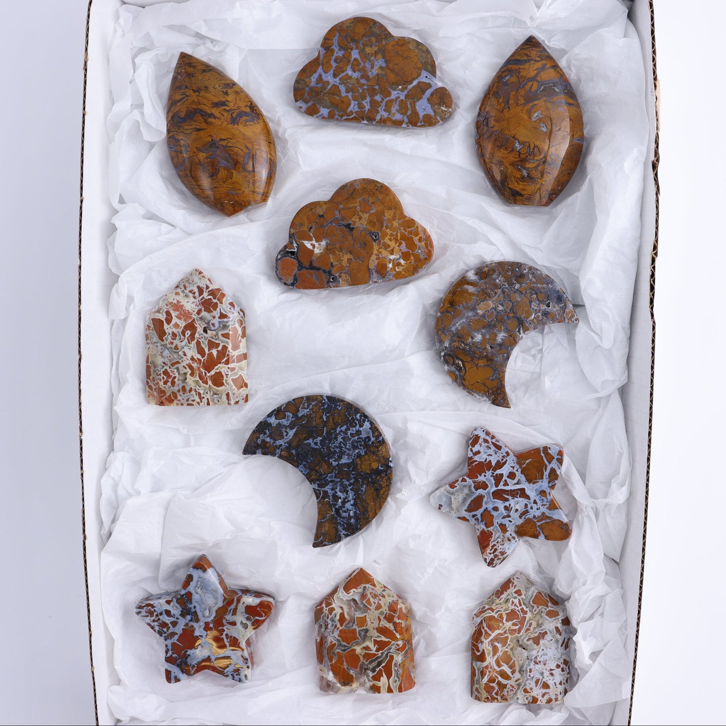 Brecciated Jasper Moons, Stars, Towers, Clouds, and Flames Set of 11