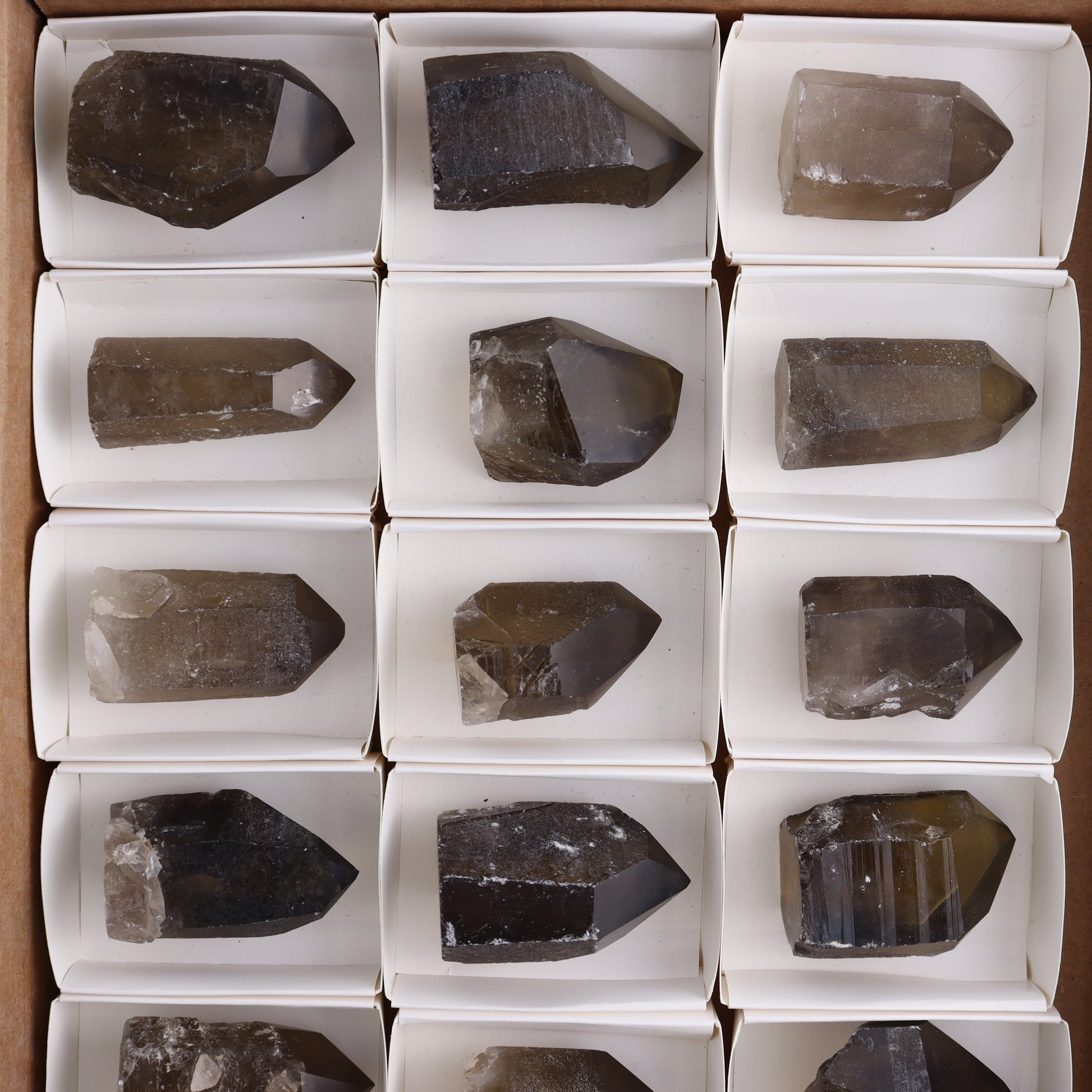 Smoky Quartz Polished Tops Set of 18 - Expert Wholesale and Supplier of Wholesale Crystals & Bulk Gemstones, ["Brazil","close_70","Points","Polished Tip","Quartz","Smoky Quartz"]