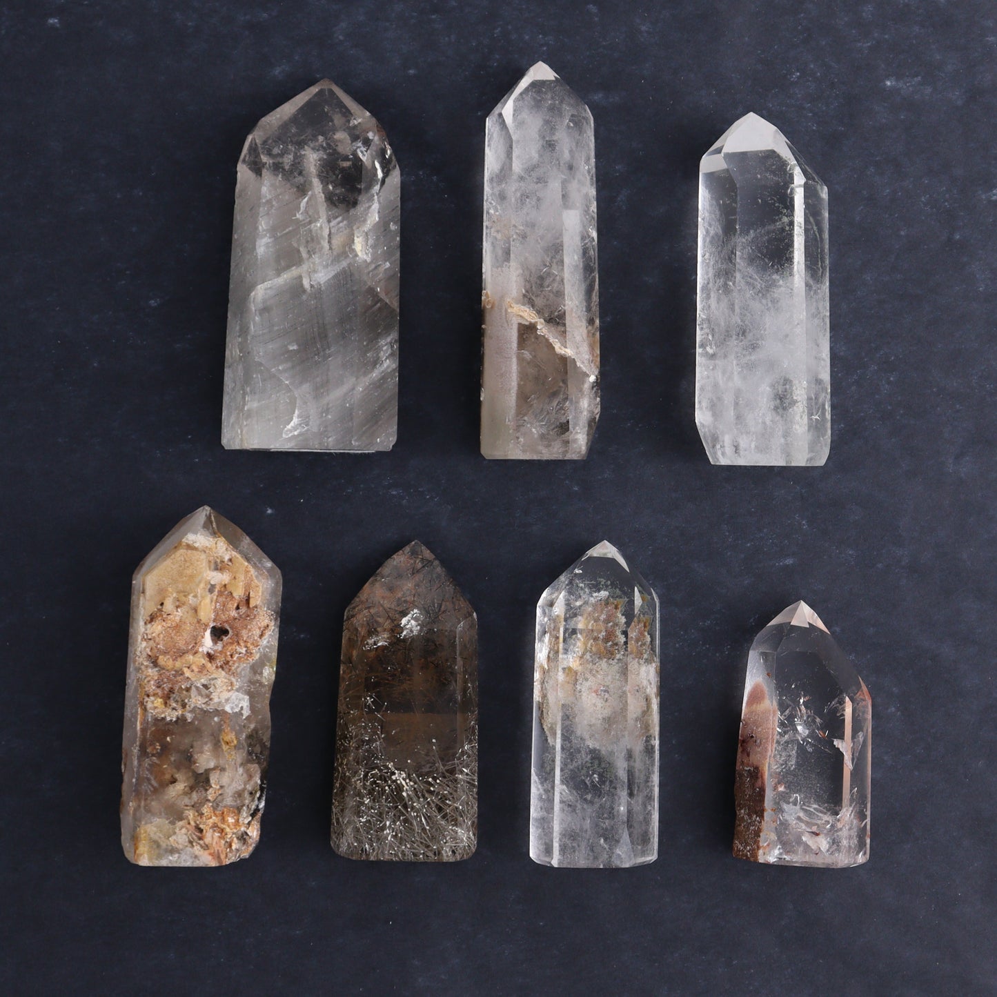 Garden Quartz Towers Set of 7 - Expert Wholesale and Supplier of Wholesale Crystals & Bulk Gemstones, ["Brazil","Garden Quartz","Quartz","Towers"]
