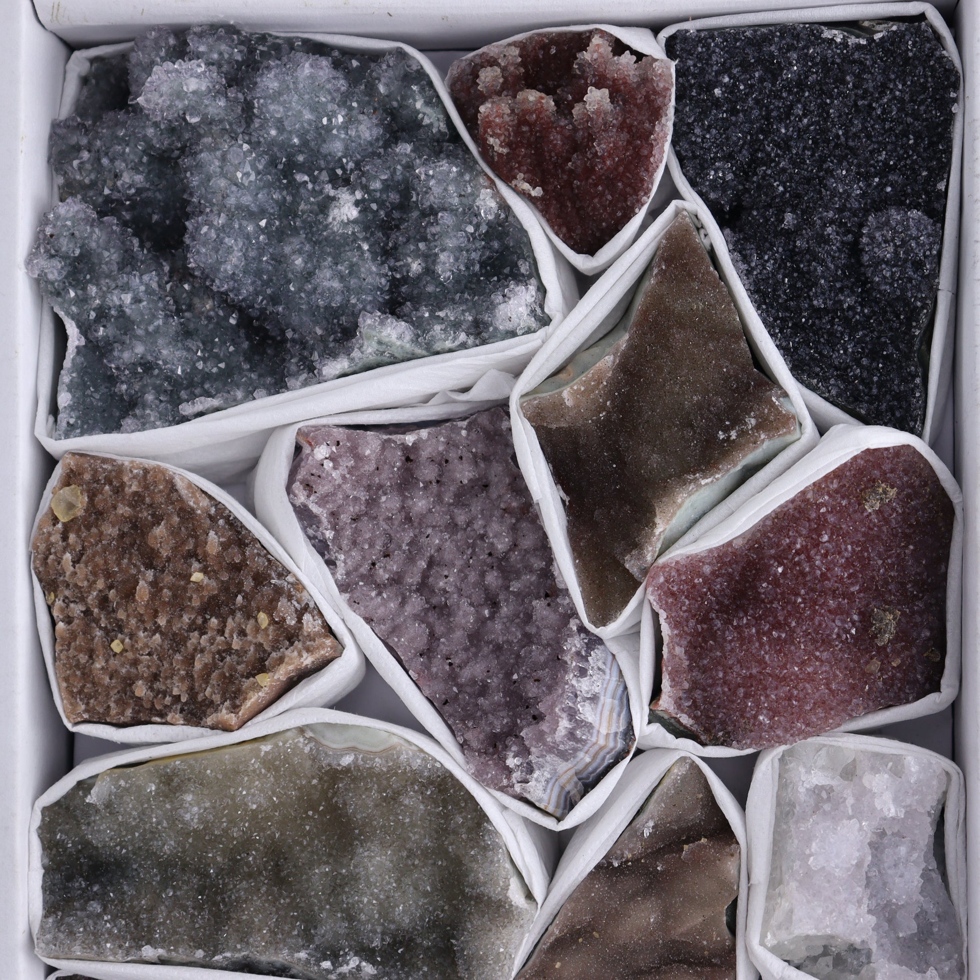 Uruguay Rainbow Amethyst Clusters Flat of 13 - Expert Wholesale and Supplier of Wholesale Crystals & Bulk Gemstones, ["Amethyst","Clusters","Rainbow Amethyst","Sugar Rainbow Amethyst","Uruguay"]