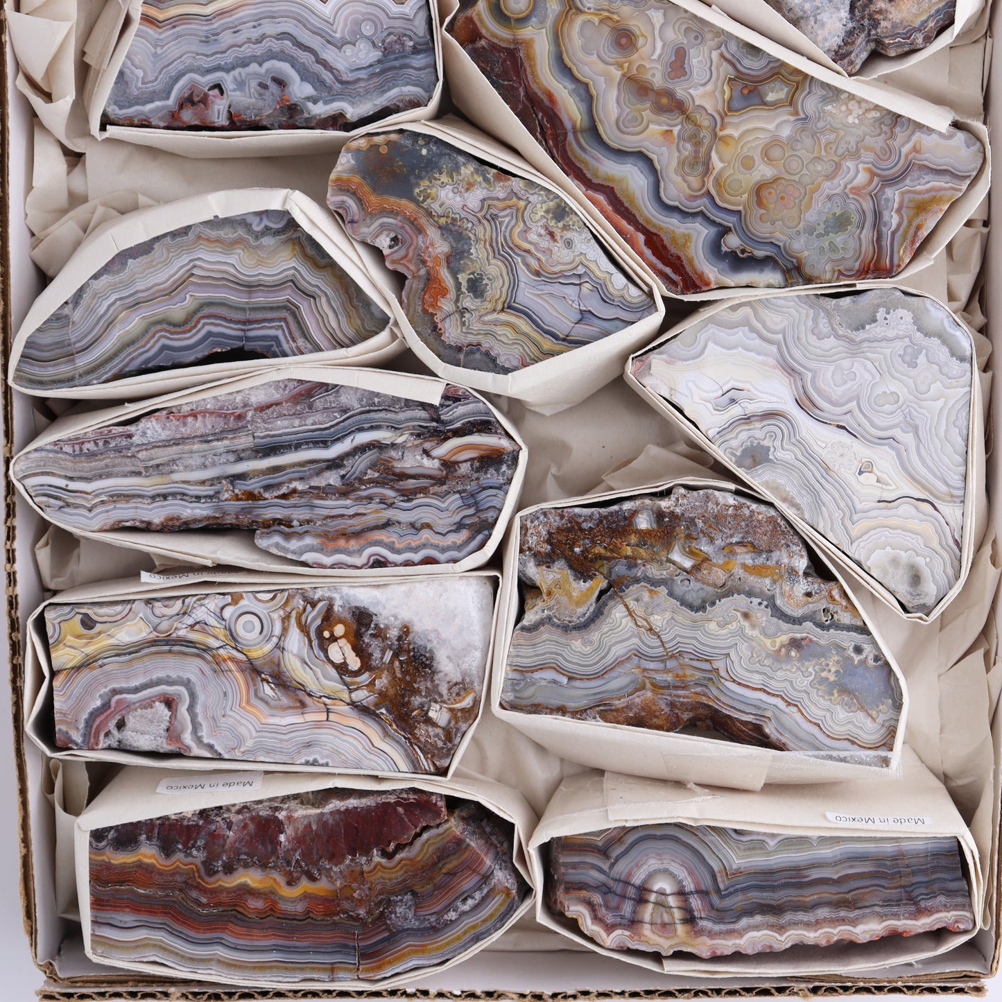 Crazy Lace Agate Flat of 12 - Expert Wholesale and Supplier of Wholesale Crystals & Bulk Gemstones, ["Crazy Lace Agate","Mexico"]