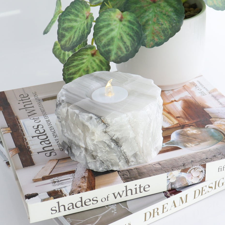 One Rustic Candle Holder Mexican Onyx/Calcite White & Grey