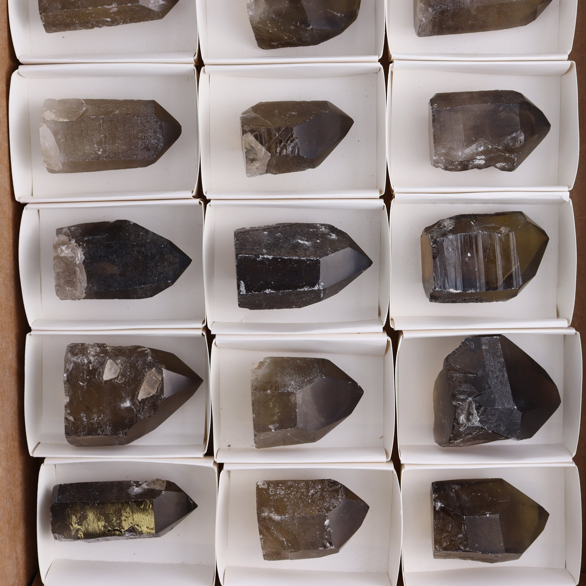 Smoky Quartz Polished Tops Set of 18 - Expert Wholesale and Supplier of Wholesale Crystals & Bulk Gemstones, ["Brazil","close_70","Points","Polished Tip","Quartz","Smoky Quartz"]