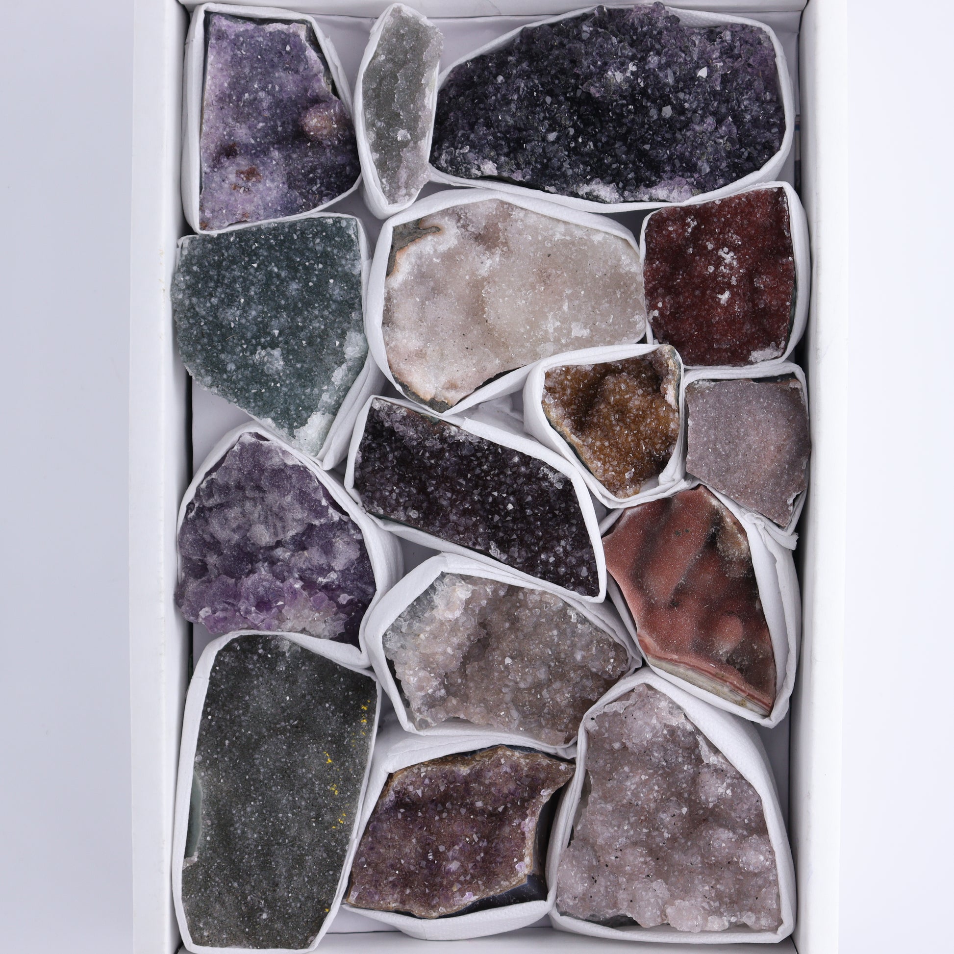 Uruguay Rainbow Amethyst Clusters Flat of 15 - Expert Wholesale and Supplier of Wholesale Crystals & Bulk Gemstones, ["Amethyst","Clusters","Rainbow Amethyst","Sugar Rainbow Amethyst","Uruguay"]