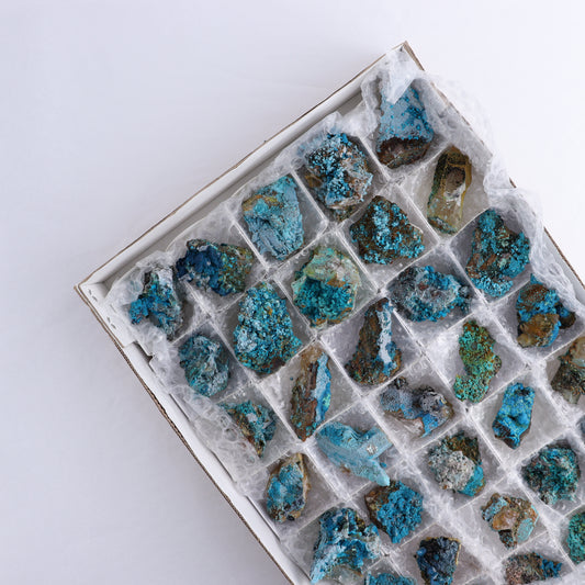 Chrysocolla on Quartz Roughs Set of 35 - Expert Wholesale and Supplier of Wholesale Crystals & Bulk Gemstones, ["Chrysocolla","Flats","Freeforms","Peru","Quartz","Rough"]