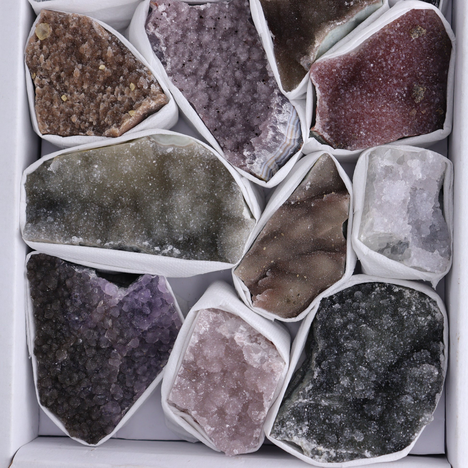 Uruguay Rainbow Amethyst Clusters Flat of 13 - Expert Wholesale and Supplier of Wholesale Crystals & Bulk Gemstones, ["Amethyst","Clusters","Rainbow Amethyst","Sugar Rainbow Amethyst","Uruguay"]
