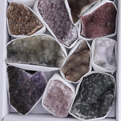 Uruguay Rainbow Amethyst Clusters Flat of 13 - Expert Wholesale and Supplier of Wholesale Crystals & Bulk Gemstones, ["Amethyst","Clusters","Rainbow Amethyst","Sugar Rainbow Amethyst","Uruguay"]