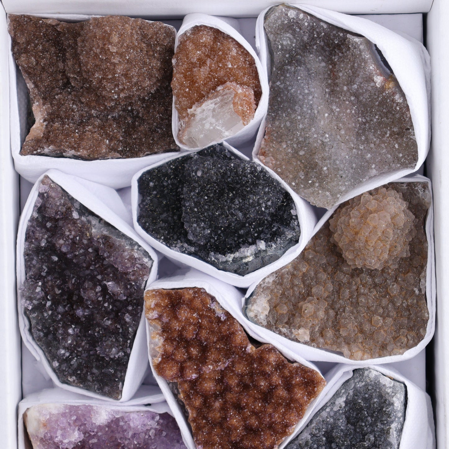 Uruguay Rainbow Amethyst Clusters Flat of 12 - Expert Wholesale and Supplier of Wholesale Crystals & Bulk Gemstones, ["Amethyst","Clusters","Rainbow Amethyst","Sugar Rainbow Amethyst","Uruguay"]