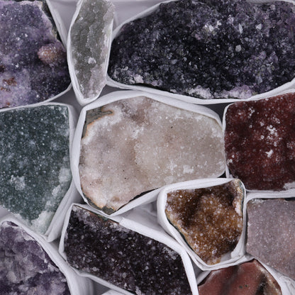 Uruguay Rainbow Amethyst Clusters Flat of 15 - Expert Wholesale and Supplier of Wholesale Crystals & Bulk Gemstones, ["Amethyst","Clusters","Rainbow Amethyst","Sugar Rainbow Amethyst","Uruguay"]