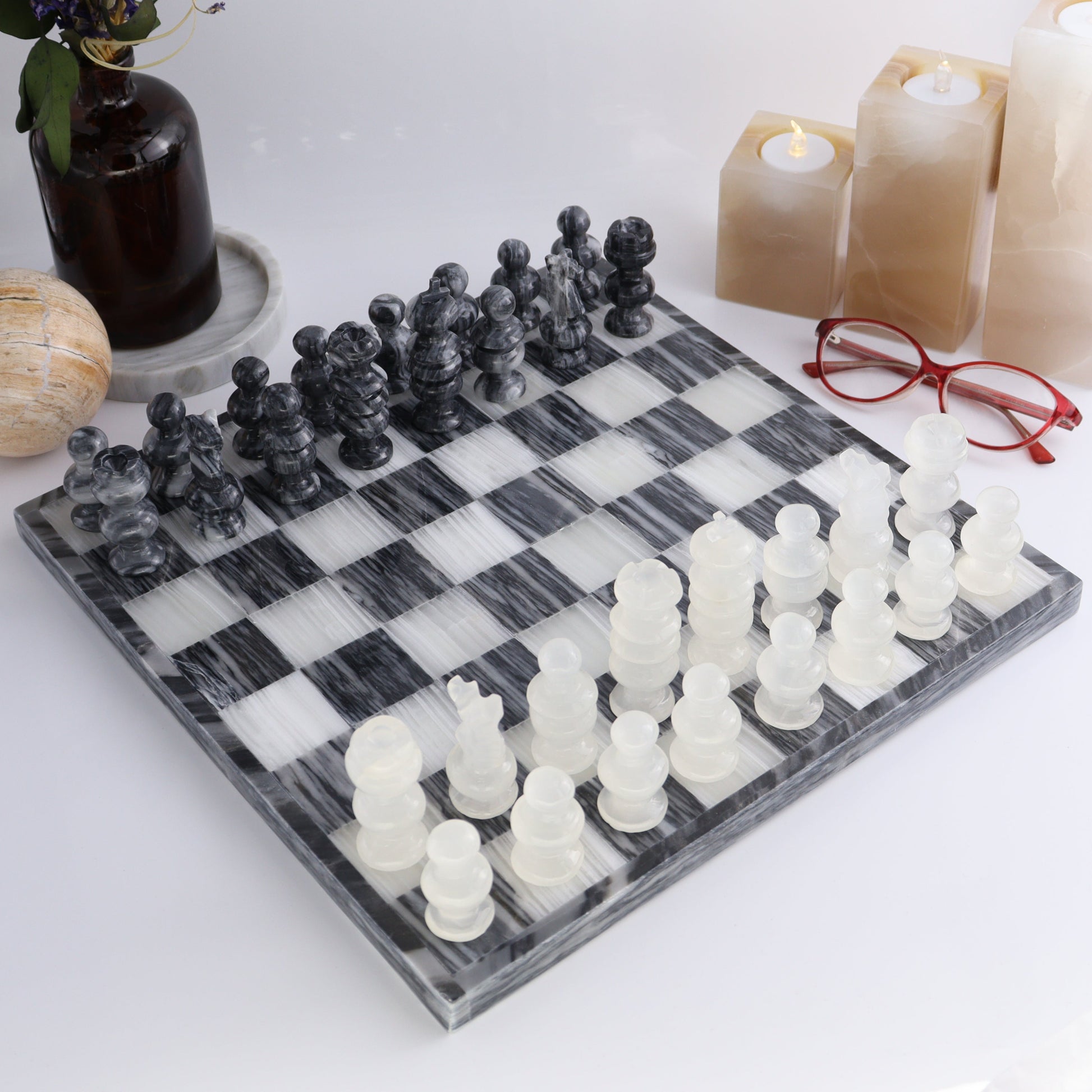 Large Onyx and Marble Chess Set (Gray) - Expert Wholesale and Supplier of Wholesale Crystals & Bulk Gemstones, ["Black Marble","Catalog Onyx","Marble","onyx"]