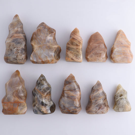 Peach Moonstone Flames Set of 10 - Expert Wholesale and Supplier of Wholesale Crystals & Bulk Gemstones, ["flames","Madagascar","Peach Moonstone"]