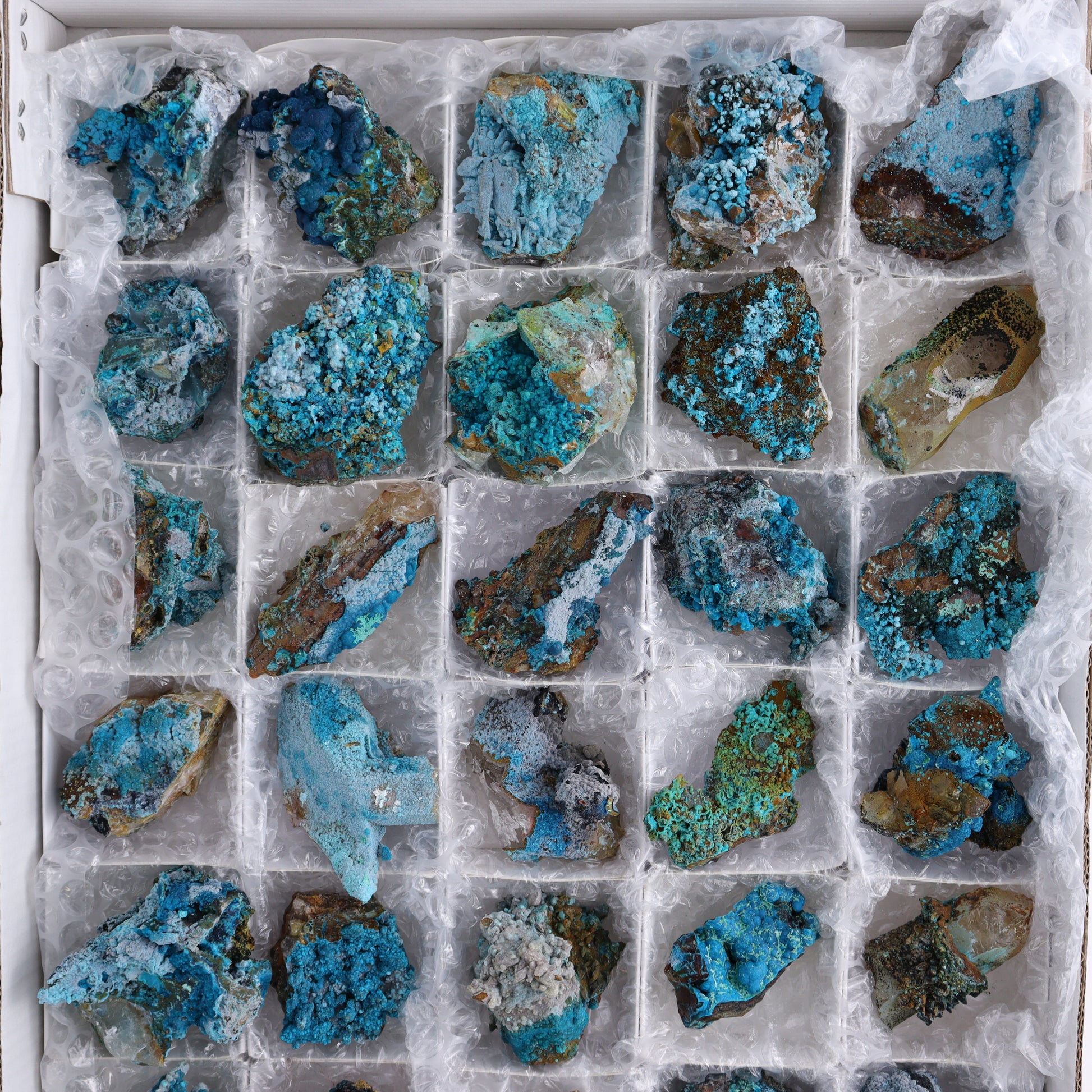 Chrysocolla on Quartz Roughs Set of 35 - Expert Wholesale and Supplier of Wholesale Crystals & Bulk Gemstones, ["Chrysocolla","Flats","Freeforms","Peru","Quartz","Rough"]