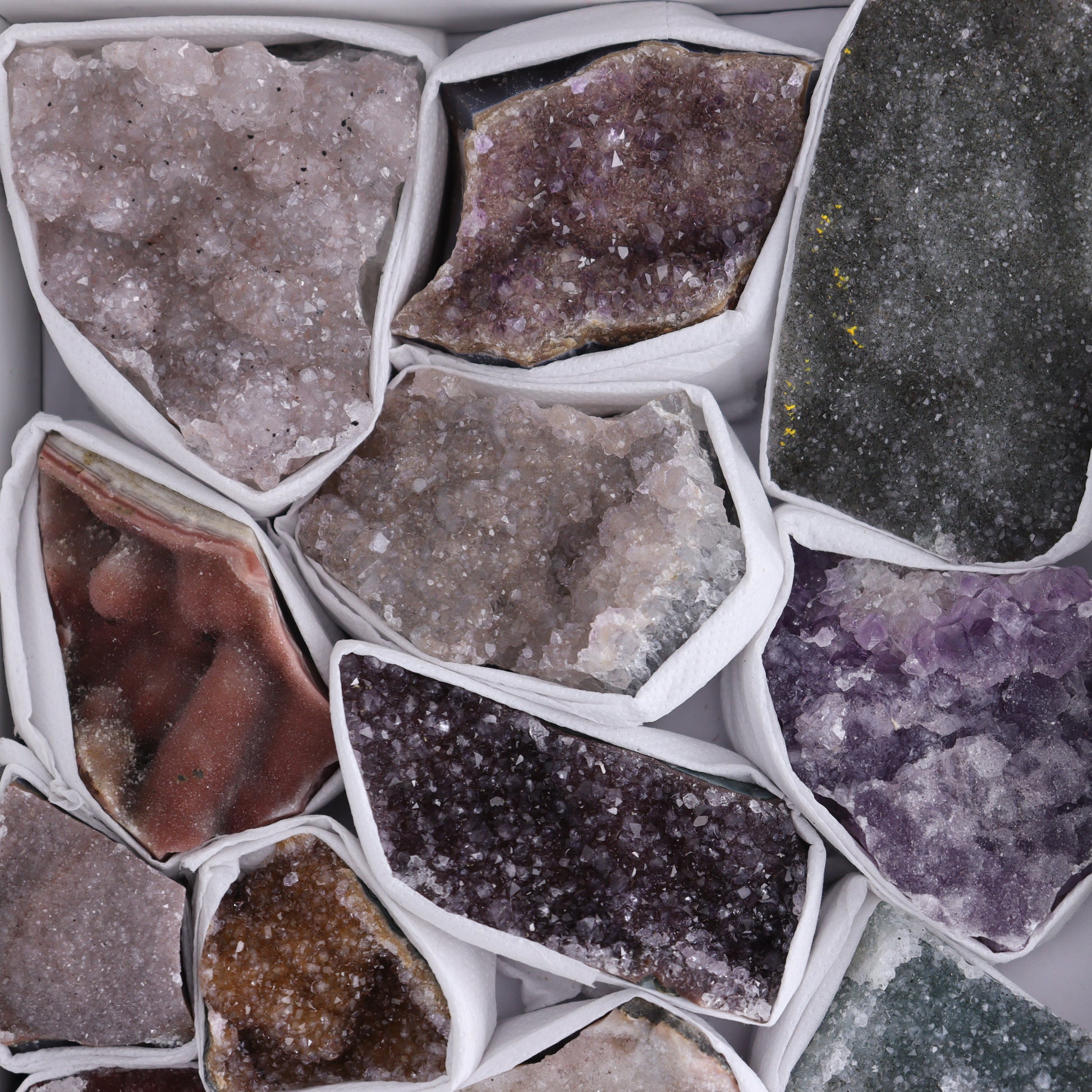 Uruguay Rainbow Amethyst Clusters Flat of 15 - Expert Wholesale and Supplier of Wholesale Crystals & Bulk Gemstones, ["Amethyst","Clusters","Rainbow Amethyst","Sugar Rainbow Amethyst","Uruguay"]