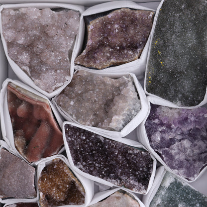 Uruguay Rainbow Amethyst Clusters Flat of 15 - Expert Wholesale and Supplier of Wholesale Crystals & Bulk Gemstones, ["Amethyst","Clusters","Rainbow Amethyst","Sugar Rainbow Amethyst","Uruguay"]