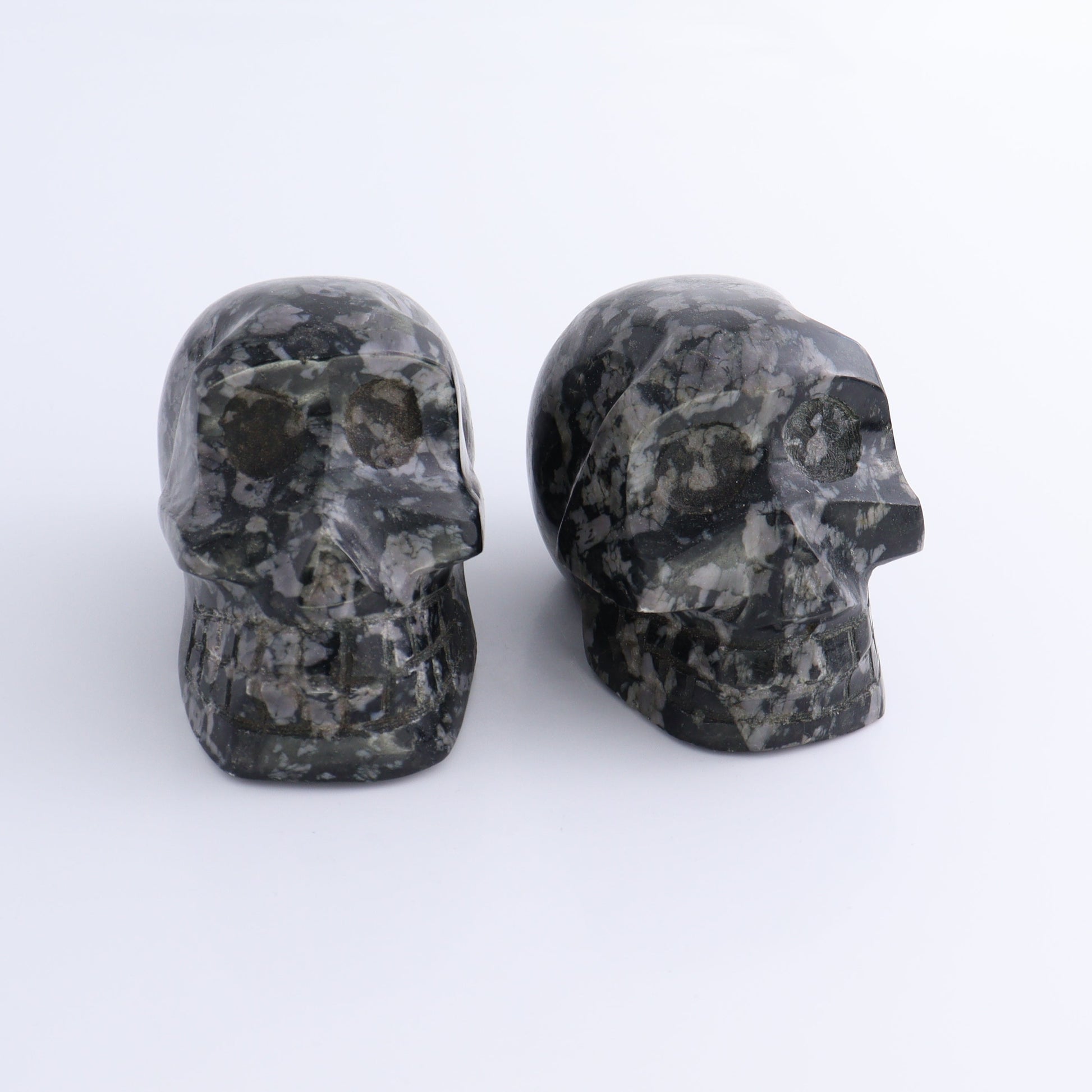 Indigo Gabbro Skulls Set of 2 - Expert Wholesale and Supplier of Wholesale Crystals & Bulk Gemstones, ["Indigo Gabbro","Madagascar","Skulls"]
