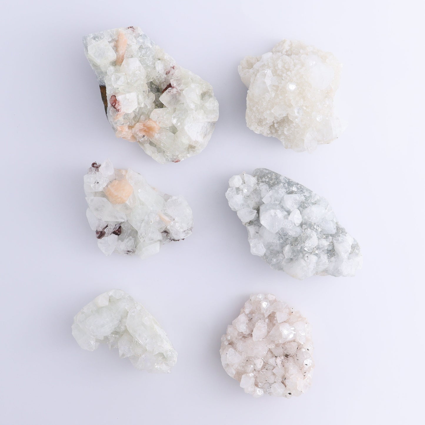 Apophyllite Clusters Set of 6 - Expert Wholesale and Supplier of Wholesale Crystals & Bulk Gemstones, ["Apophyllite","Clusters","Flats"]