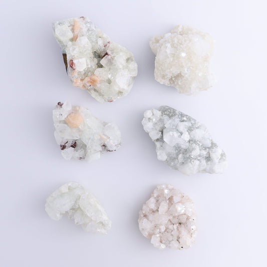 Apophyllite Clusters Set of 6 - Expert Wholesale and Supplier of Wholesale Crystals & Bulk Gemstones, ["Apophyllite","Clusters","Flats"]