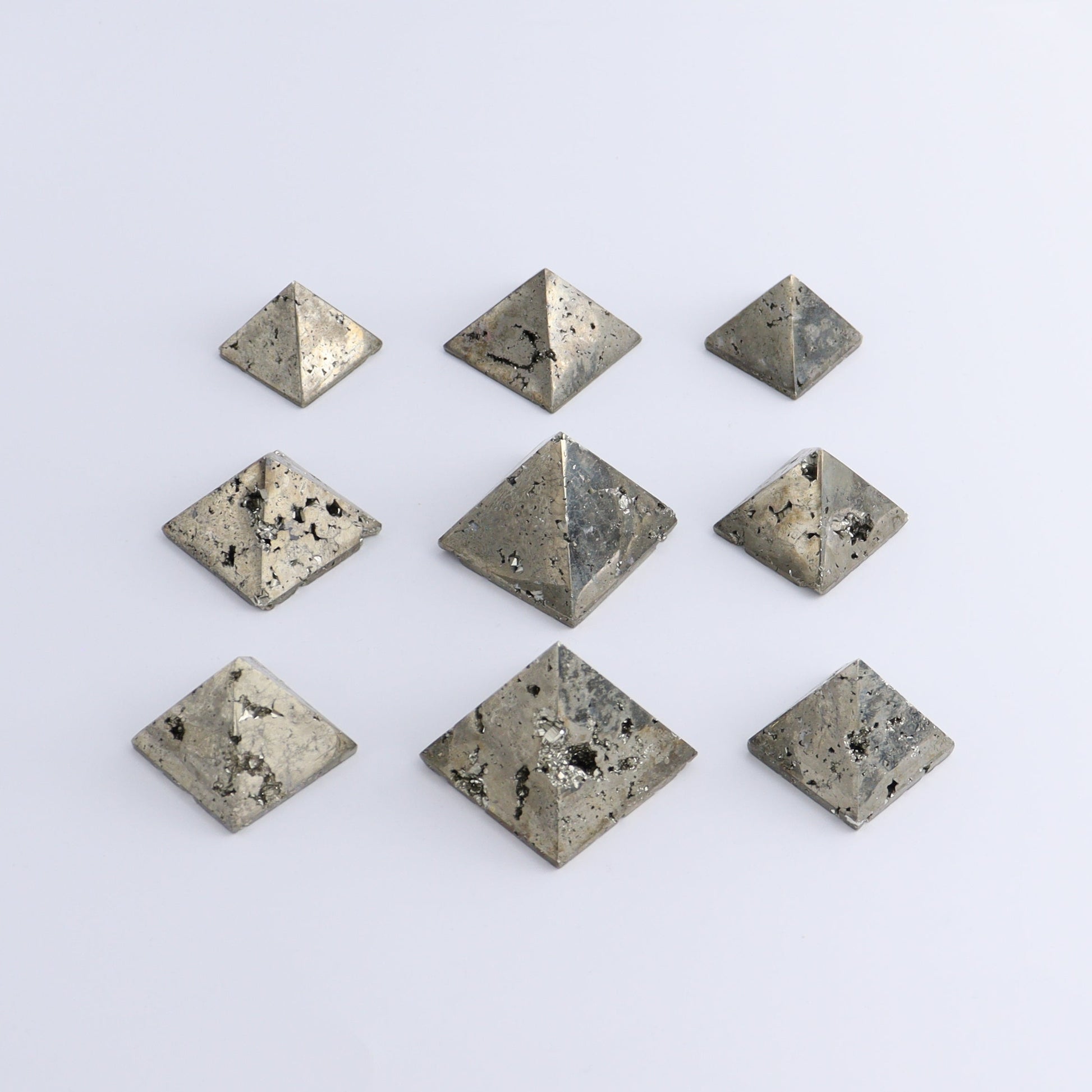 Pyrite Pyramids Set of 9 - Expert Wholesale and Supplier of Wholesale Crystals & Bulk Gemstones, ["Pyramids","Pyrite"]