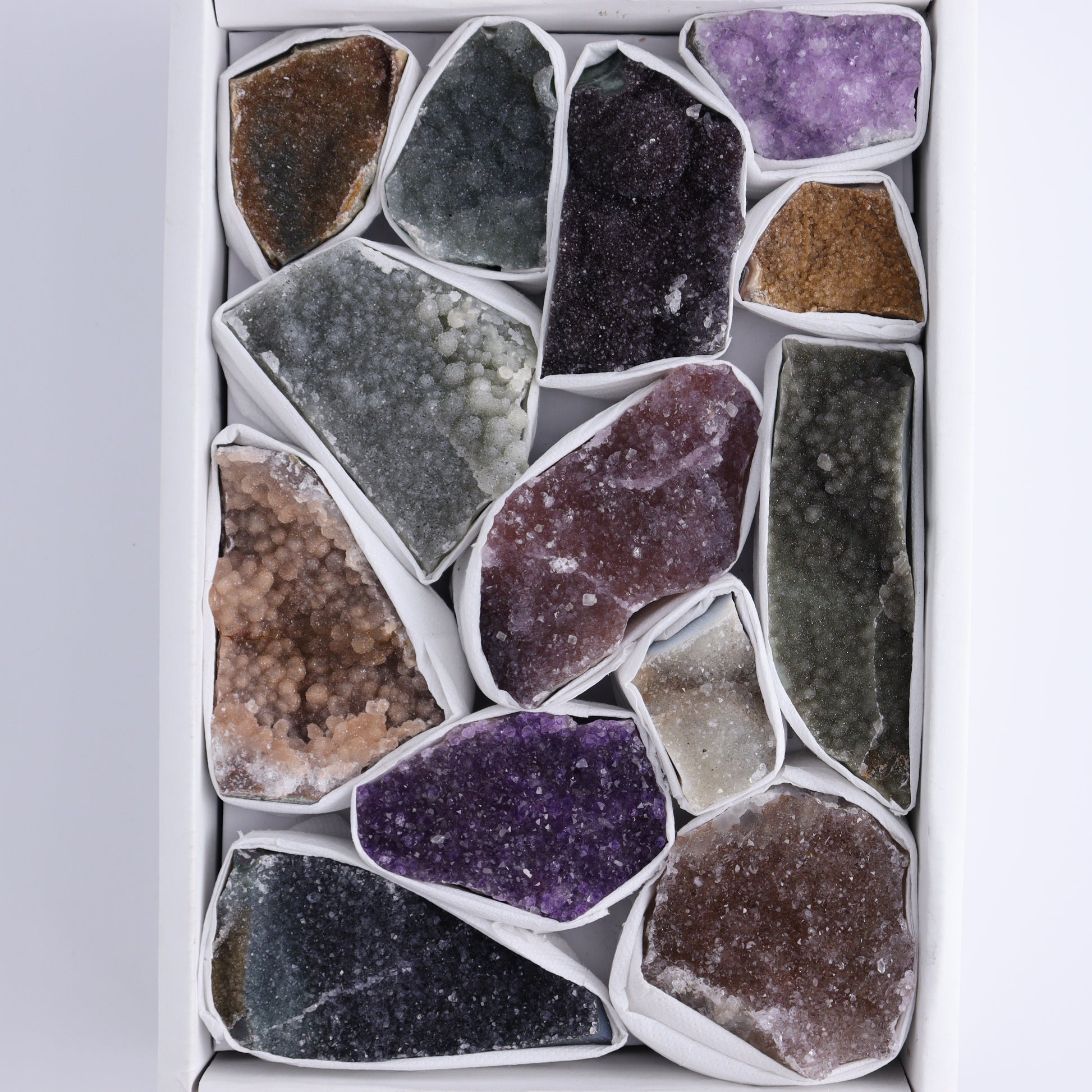 Uruguay Rainbow Amethyst Clusters Flat of 13 - Expert Wholesale and Supplier of Wholesale Crystals & Bulk Gemstones, ["Amethyst","Clusters","Rainbow Amethyst","Sugar Rainbow Amethyst","Uruguay"]