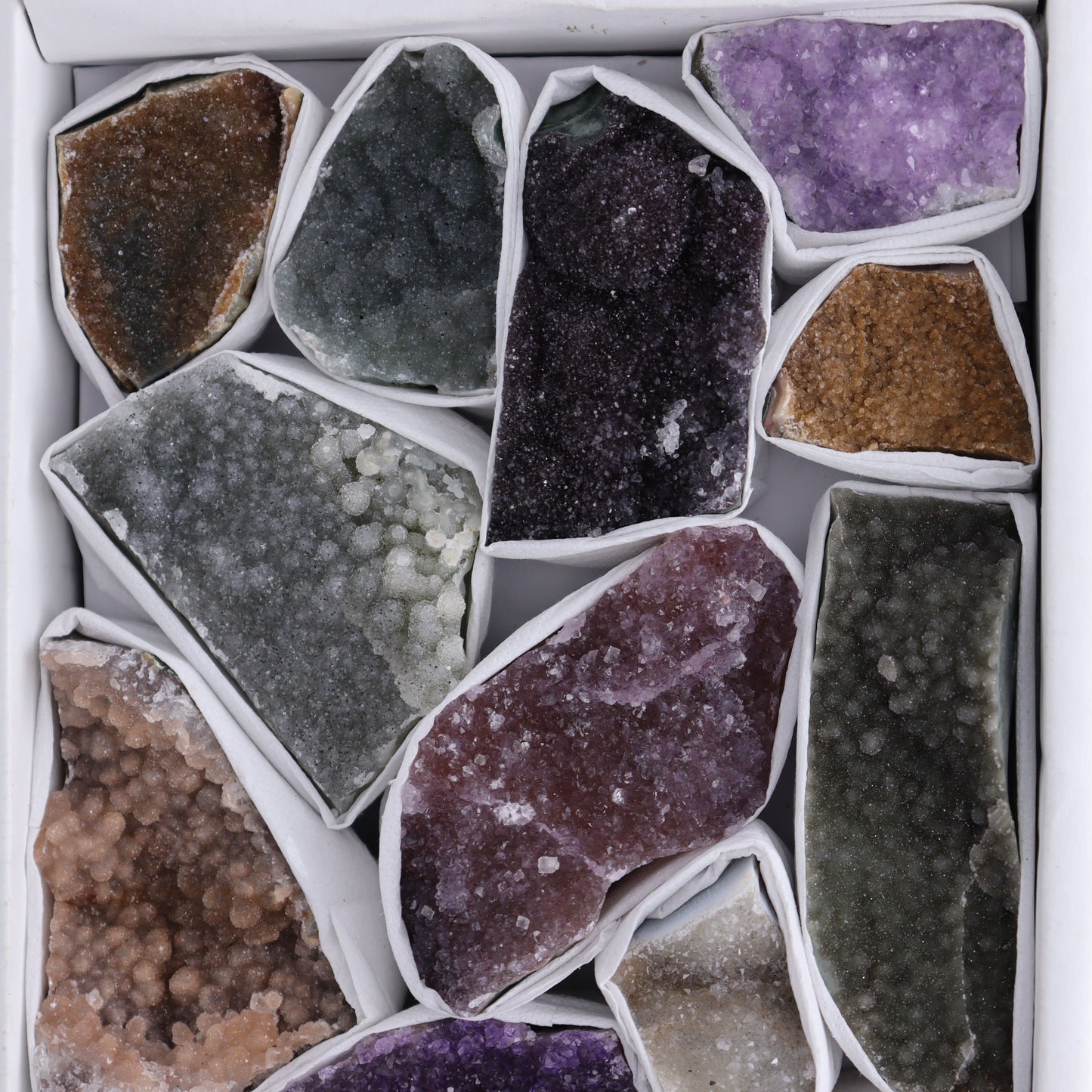 Uruguay Rainbow Amethyst Clusters Flat of 13 - Expert Wholesale and Supplier of Wholesale Crystals & Bulk Gemstones, ["Amethyst","Clusters","Rainbow Amethyst","Sugar Rainbow Amethyst","Uruguay"]