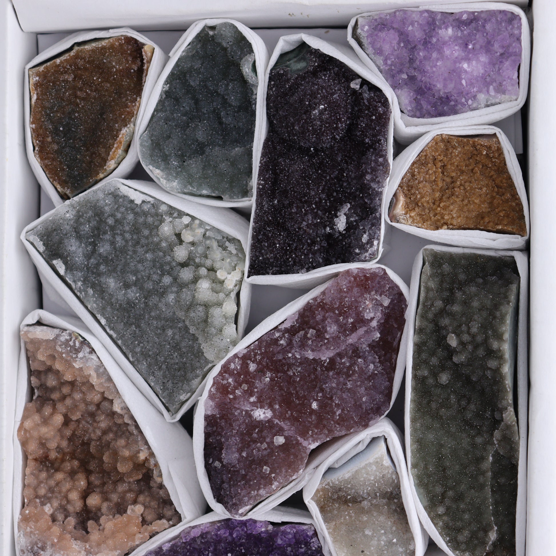 Uruguay Rainbow Amethyst Clusters Flat of 13 - Expert Wholesale and Supplier of Wholesale Crystals & Bulk Gemstones, ["Amethyst","Clusters","Rainbow Amethyst","Sugar Rainbow Amethyst","Uruguay"]