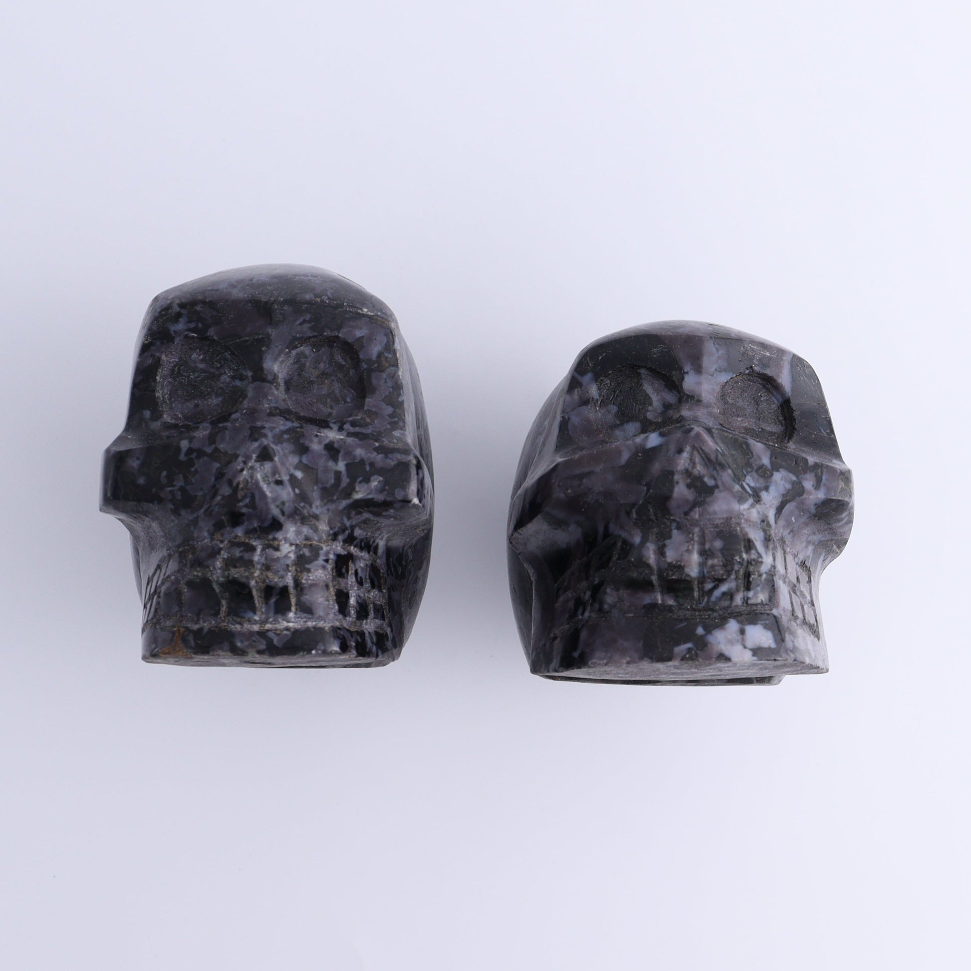 Indigo Gabbro Skulls Set of 2 - Expert Wholesale and Supplier of Wholesale Crystals & Bulk Gemstones, ["Indigo Gabbro","Madagascar","Skulls"]