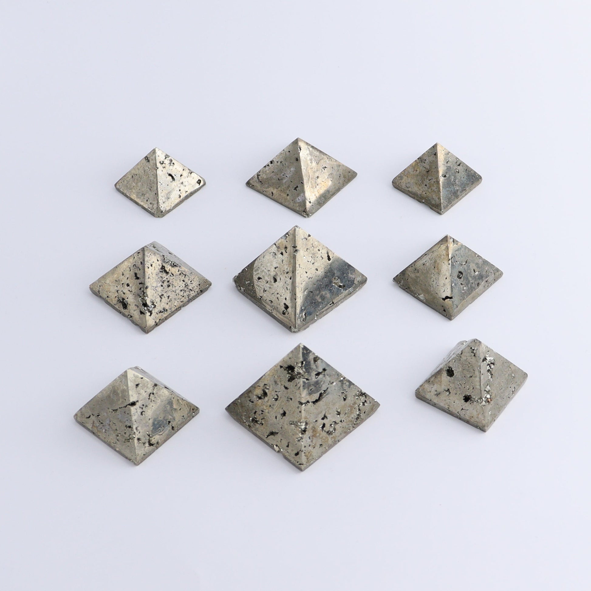 Pyrite Pyramids Set of 9 - Expert Wholesale and Supplier of Wholesale Crystals & Bulk Gemstones, ["Pyramids","Pyrite"]