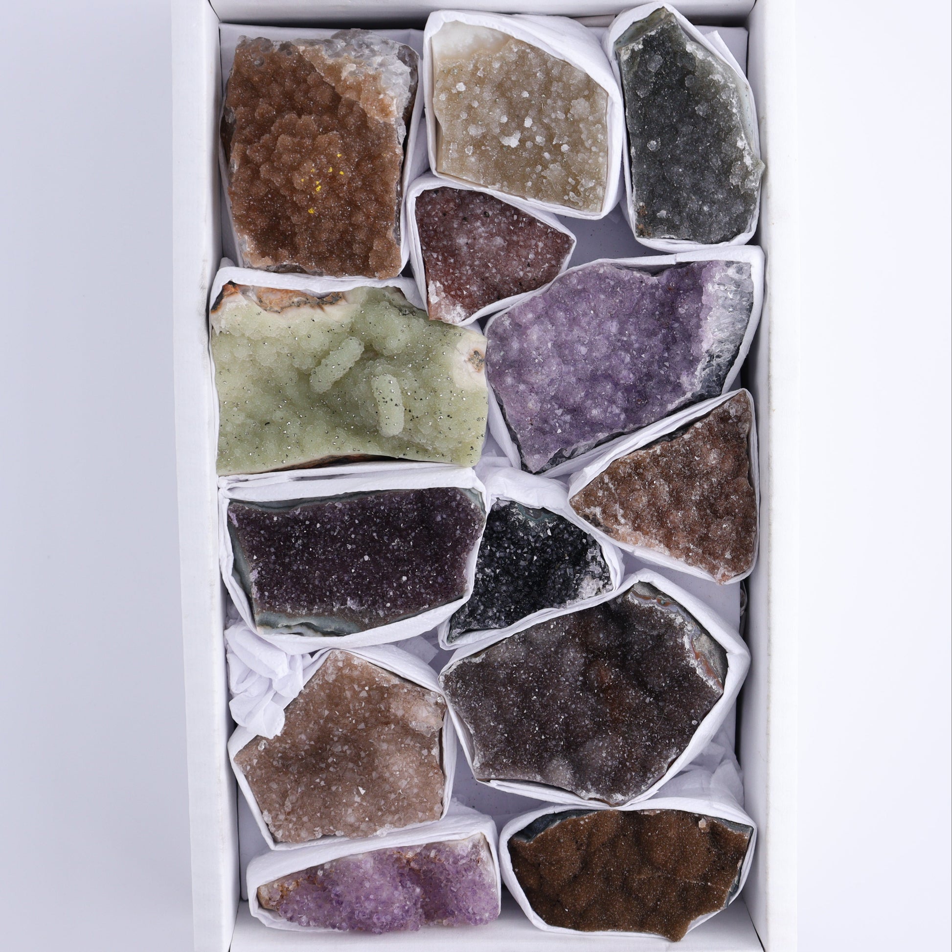 Uruguay Rainbow Amethyst Clusters Flat of 13 - Expert Wholesale and Supplier of Wholesale Crystals & Bulk Gemstones, ["Amethyst","Clusters","Rainbow Amethyst","Sugar Rainbow Amethyst","Uruguay"]