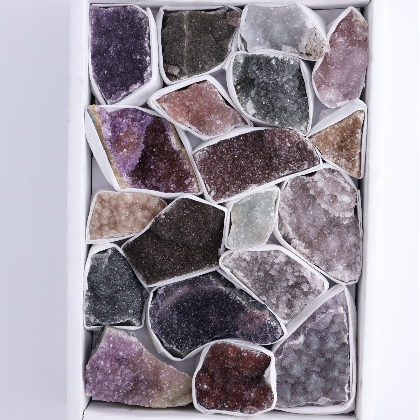 Uruguay Rainbow Amethyst Clusters Flat of 19 - Expert Wholesale and Supplier of Wholesale Crystals & Bulk Gemstones, ["Amethyst","Clusters","Rainbow Amethyst","Sugar Rainbow Amethyst","Uruguay"]