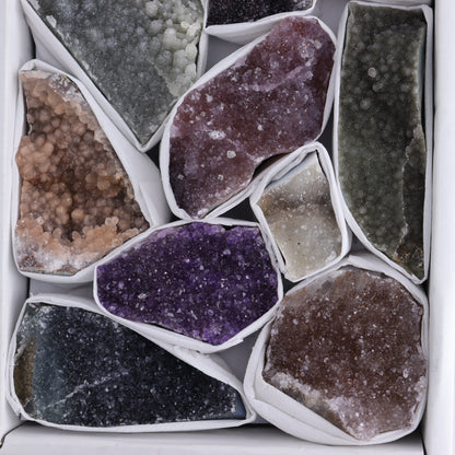 Uruguay Rainbow Amethyst Clusters Flat of 13 - Expert Wholesale and Supplier of Wholesale Crystals & Bulk Gemstones, ["Amethyst","Clusters","Rainbow Amethyst","Sugar Rainbow Amethyst","Uruguay"]